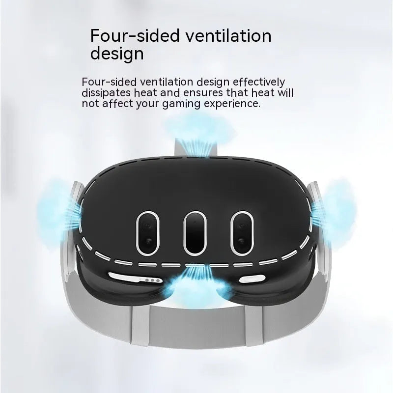 Black silicone protective cover for Oculus Quest 3 VR headset host with clip belt attachment method