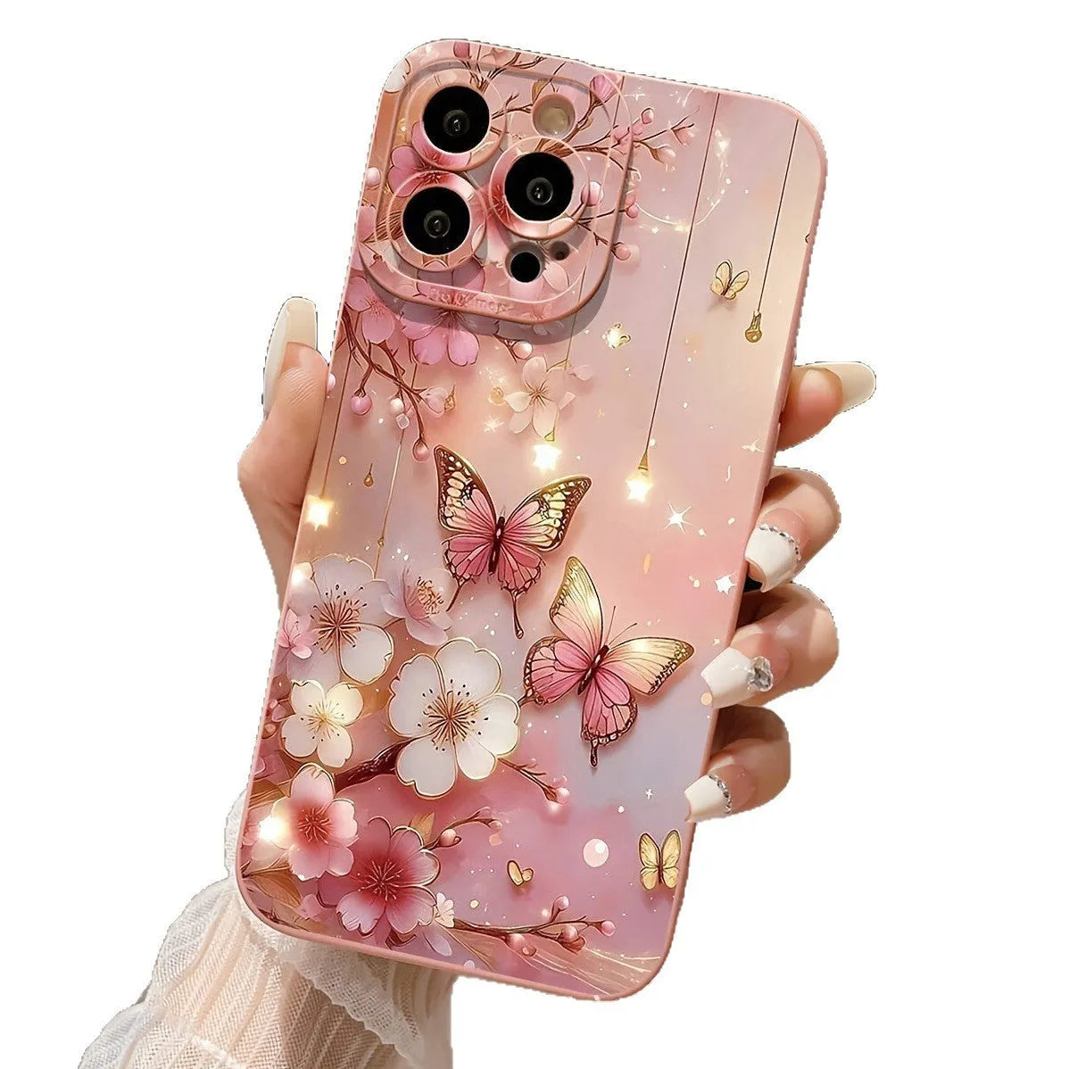 TPU soft shell phone case with butterfly design in pink for iPhone 15 Pro Max, showing protective edges and sprayed finish