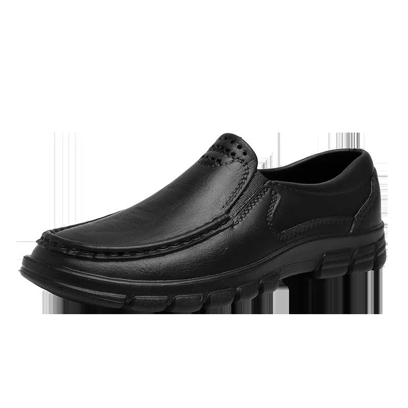 Men's black mid-top slip-on work shoes with platform sole, artificial leather upper, and round toe