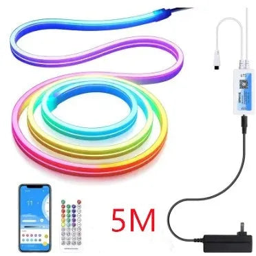 Colourful neon LED strip light with silicone bar, music sync remote, 72 5050 beads per metre, full colour, 5M roll indoor waterproof lighting