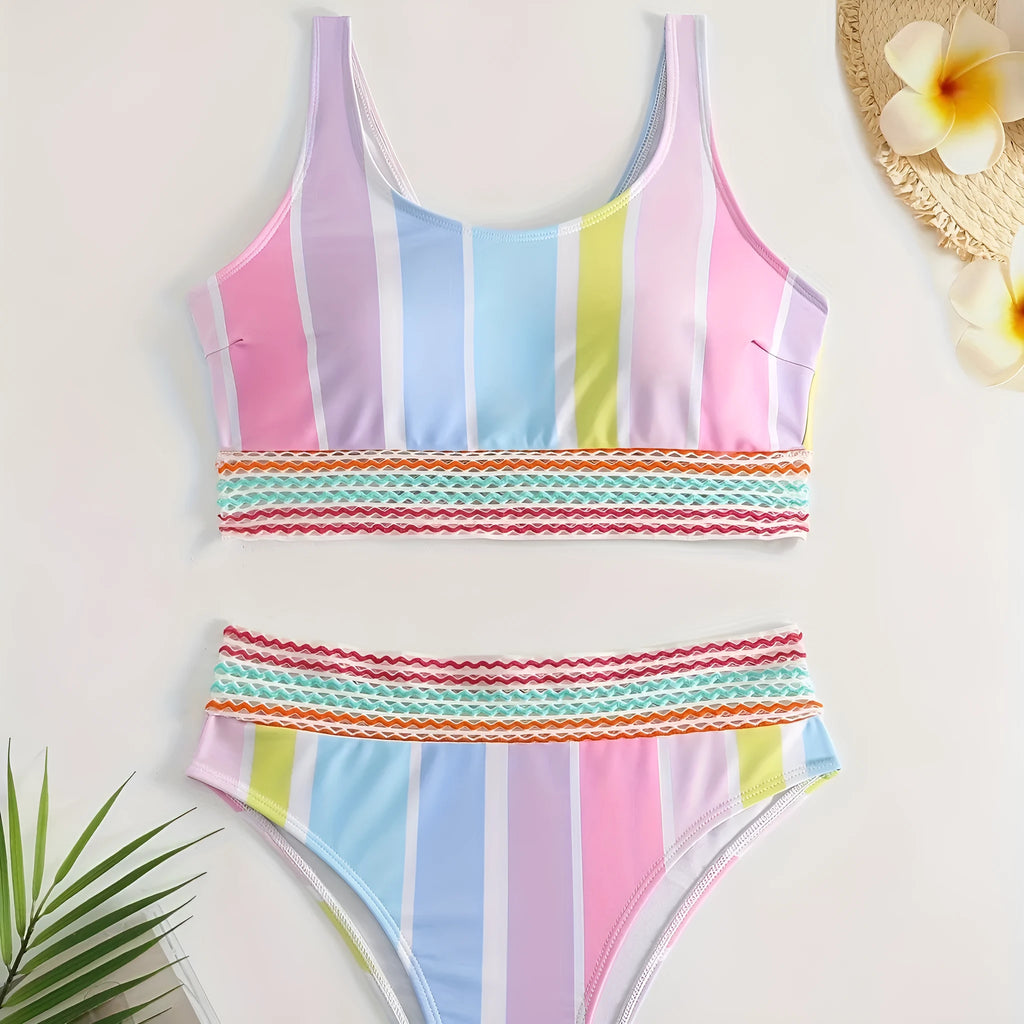Women's striped bikini top and briefs set on a mannequin, showing the European-American style brief cut and spandex lining.