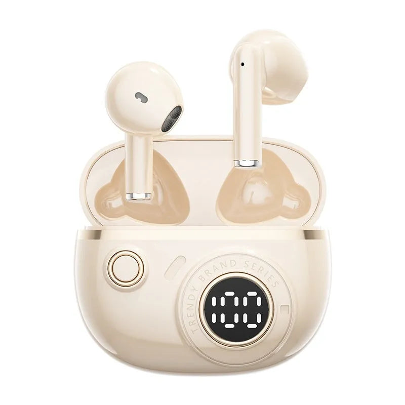 Simple Home J08C wireless Bluetooth headset in black with charging case and digital display, in-ear design