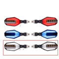 Pair of motorcycle LED indicator lights with coloured light guide options on black background