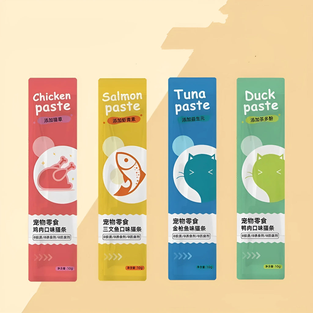 Pack of cat strip snacks showing four nutritional flavour varieties for kittens and adult cats
