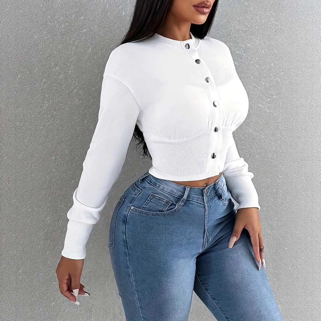 Women's single-breasted polyester slim fit casual jacket in pink with long sleeves and button front