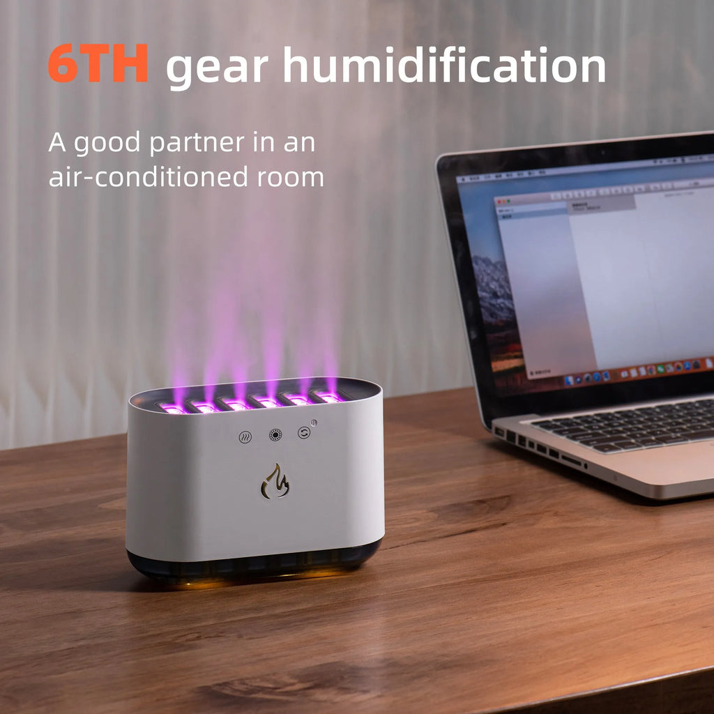 White large-capacity humidifier with colourful LED atmosphere lamp and aromatherapy diffuser on a table.