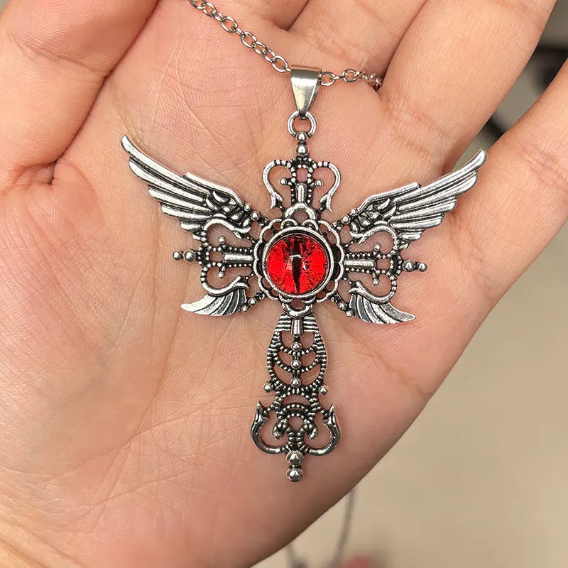 Geometric devil wings and cross pendant necklace in alloy, shown in a choice of blue, green, purple, red, or yellow colour finishes.