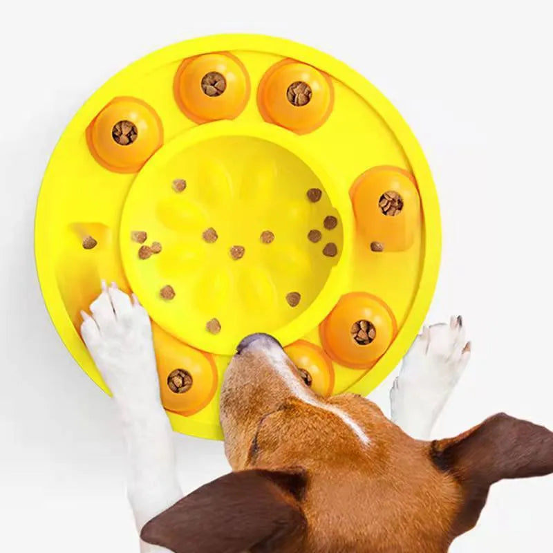 Square blue dog puzzle feeder bowl with a central column and a top turntable for interactive feeding.