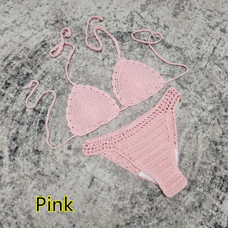Women's white handmade crochet bikini swimsuit set with a separate matching skirt.