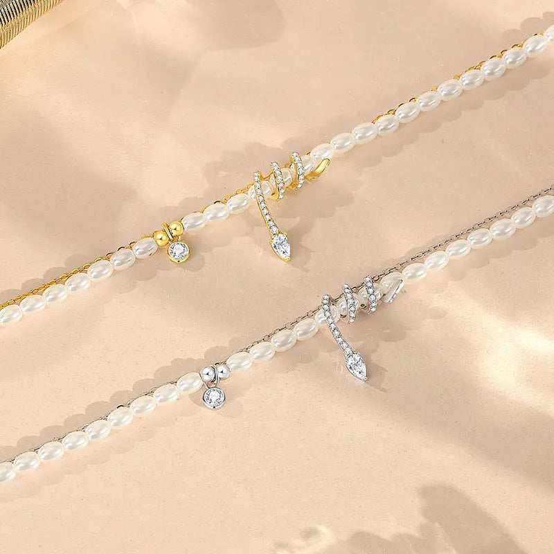 Pearl snake beaded bracelet with 925 silver construction and electroplated gold finish options
