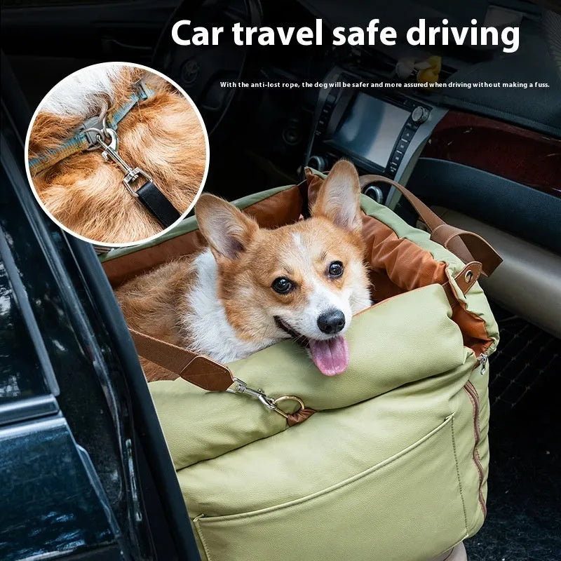 Portable brown cloth car kennel for cats with dimensions 55cm by 50cm by 45cm