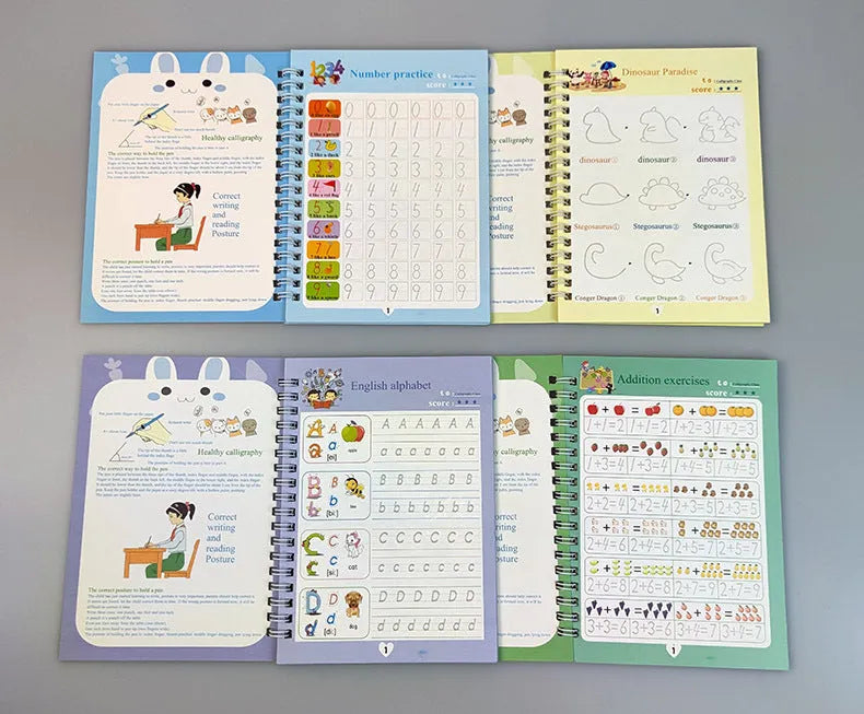 Children magic stylus calligraphy set with four slotted groove copybooks, pen, and refills in white on wooden table