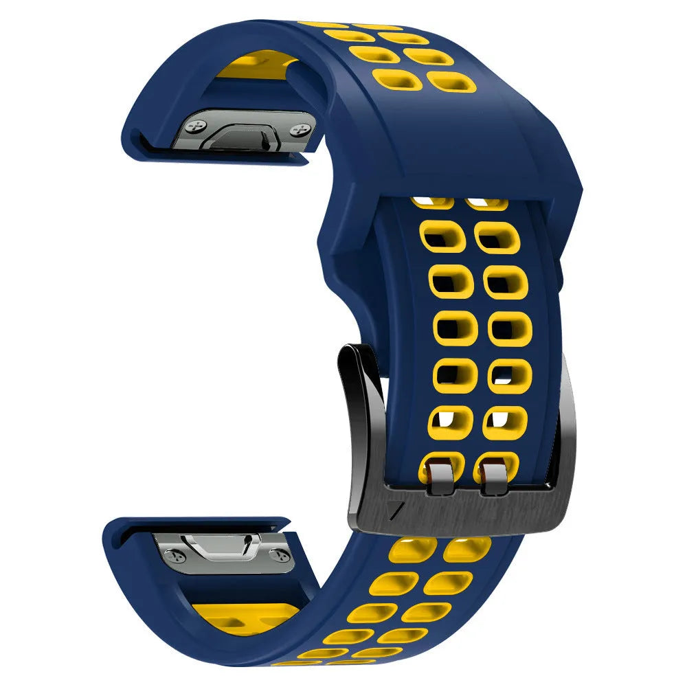 Quick release two-colour silicone watch strap with pin buckle in black and orange
