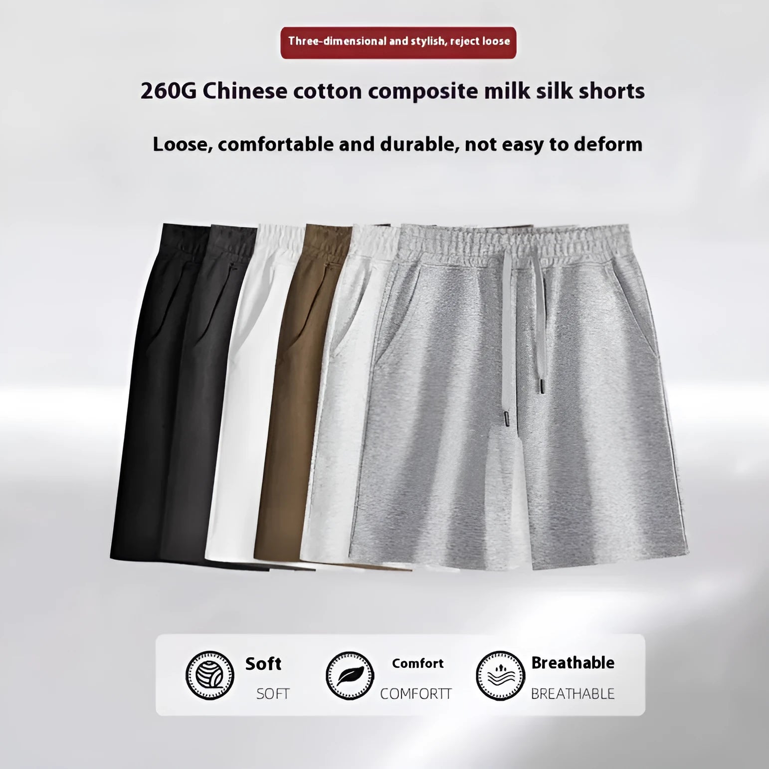Straight-leg cotton shorts for summer in grey, shown on a hanger.