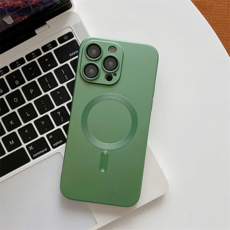 Aluminium alloy frame magnetic iPhone case with lens glass cover in dark purple colour