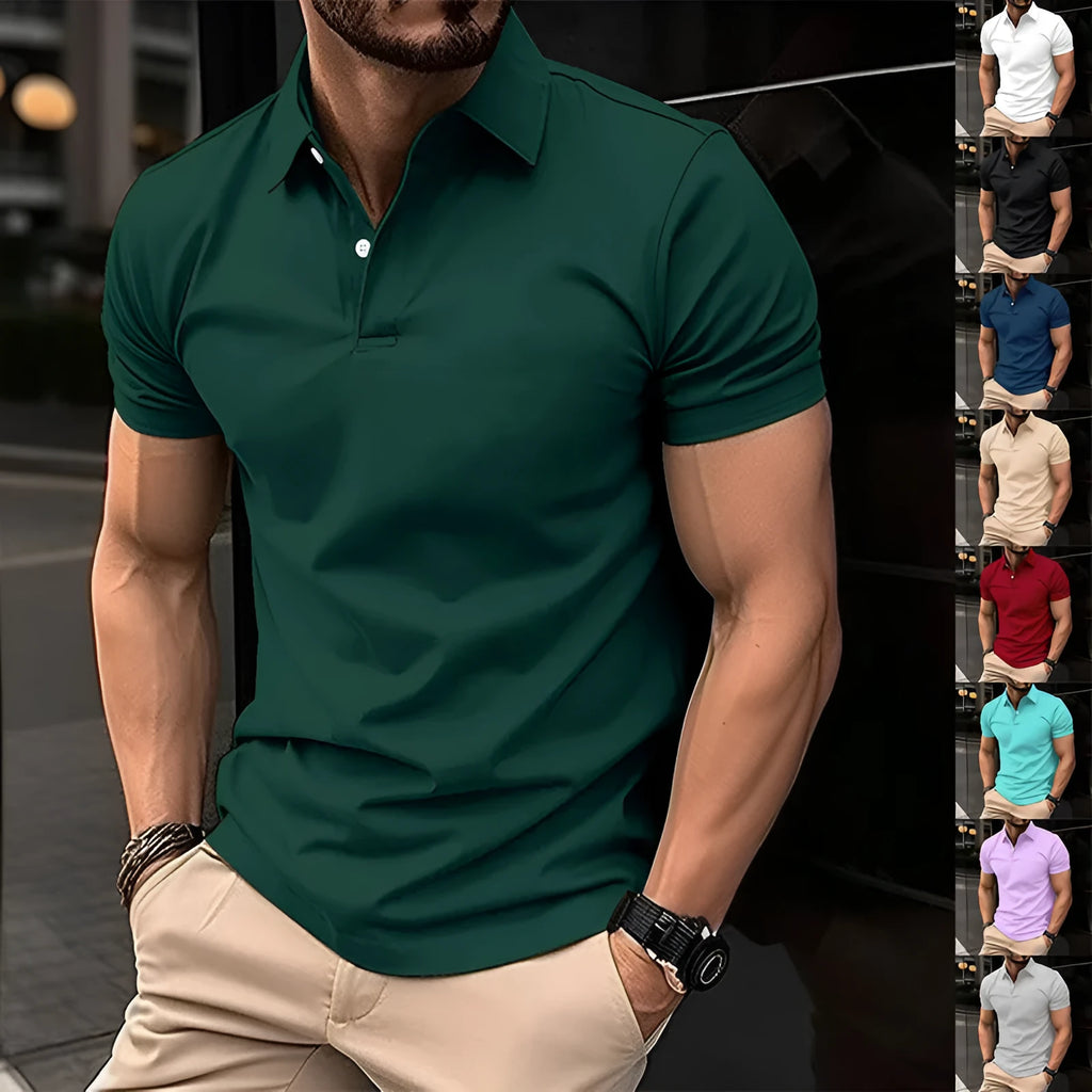 Men's solid colour short sleeve polo shirt with a button-down lapel collar on a hanger.