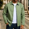 Men's green zip-up cardigan jacket with raglan sleeves laid flat.