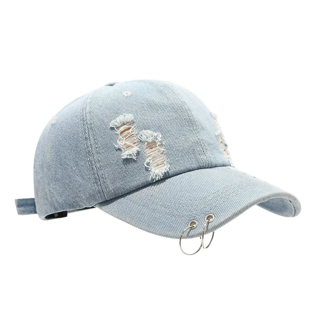 Men's denim peaked cap dome crown adjustable sunshade hat black white light blue jeans street hip hop style