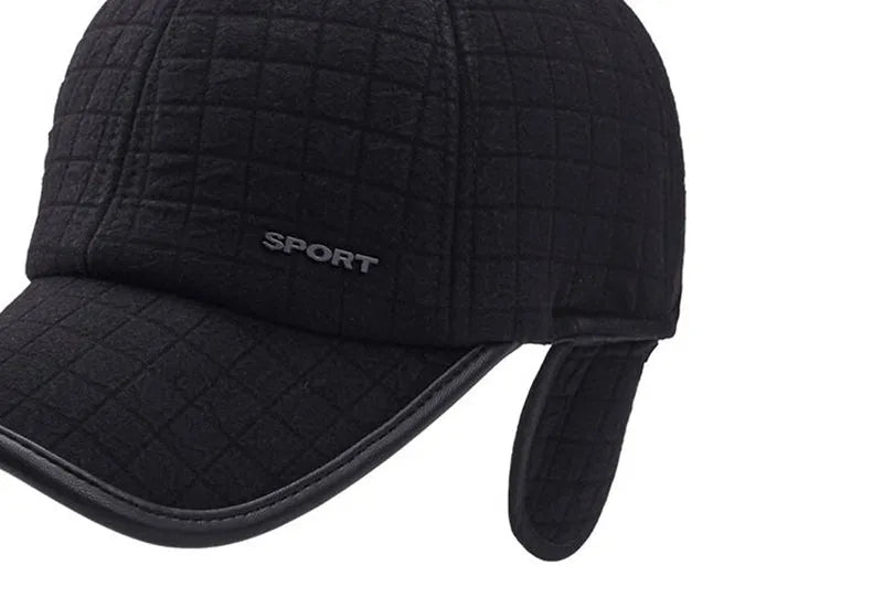 Men's winter ear protection thickened baseball cap, cotton warp knit, adjustable 56-60cm, black colour on white background