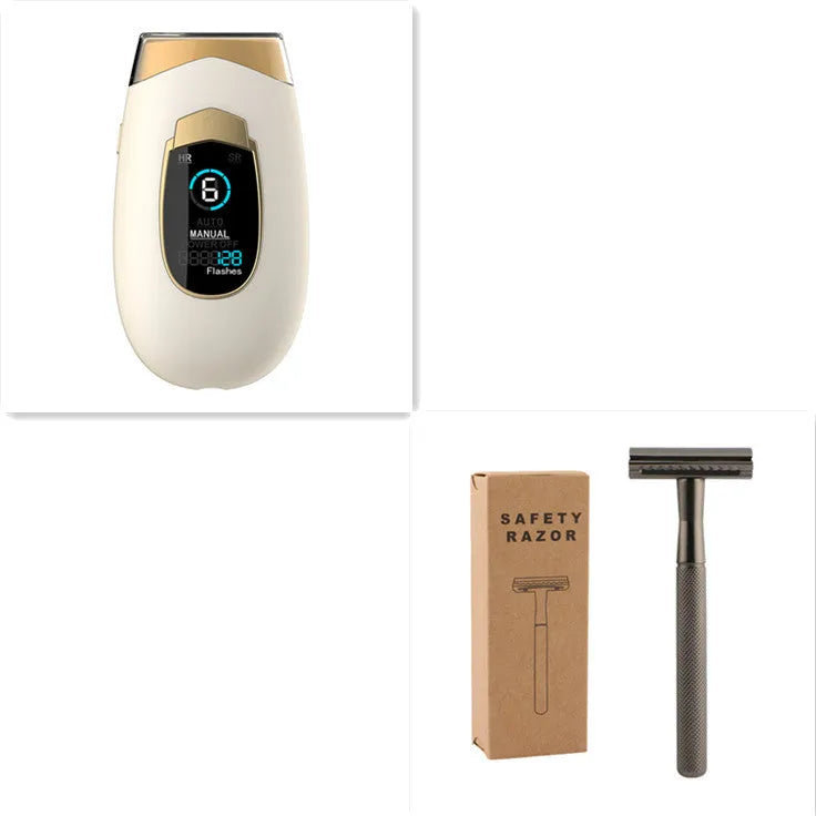 Home laser hair removal equipment in DH4 beige with handset, goggles, and power adapter on a tabletop