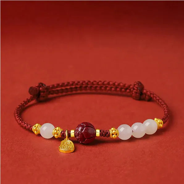 Women's adjustable 925 silver Hetian jade bracelet with cinnabar red rope chain