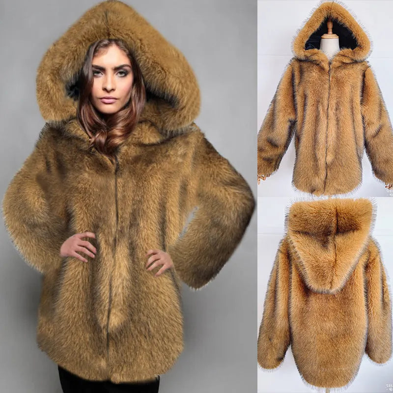 Silver grey women's mid-length artificial fur coat with loose fit and regular sleeves.