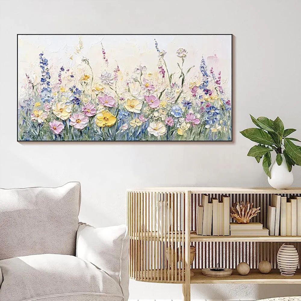 Handmade oil painting canvas with 3D palette knife flowers, rolled frameless unstretched wall art for home decor