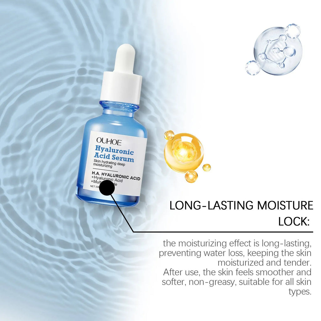 30ml facial moisturising essence in a clear bottle, 3.8 x 3.8 x 8.6 cm, with ingredients list showing glycerol and hyaluronic acid.