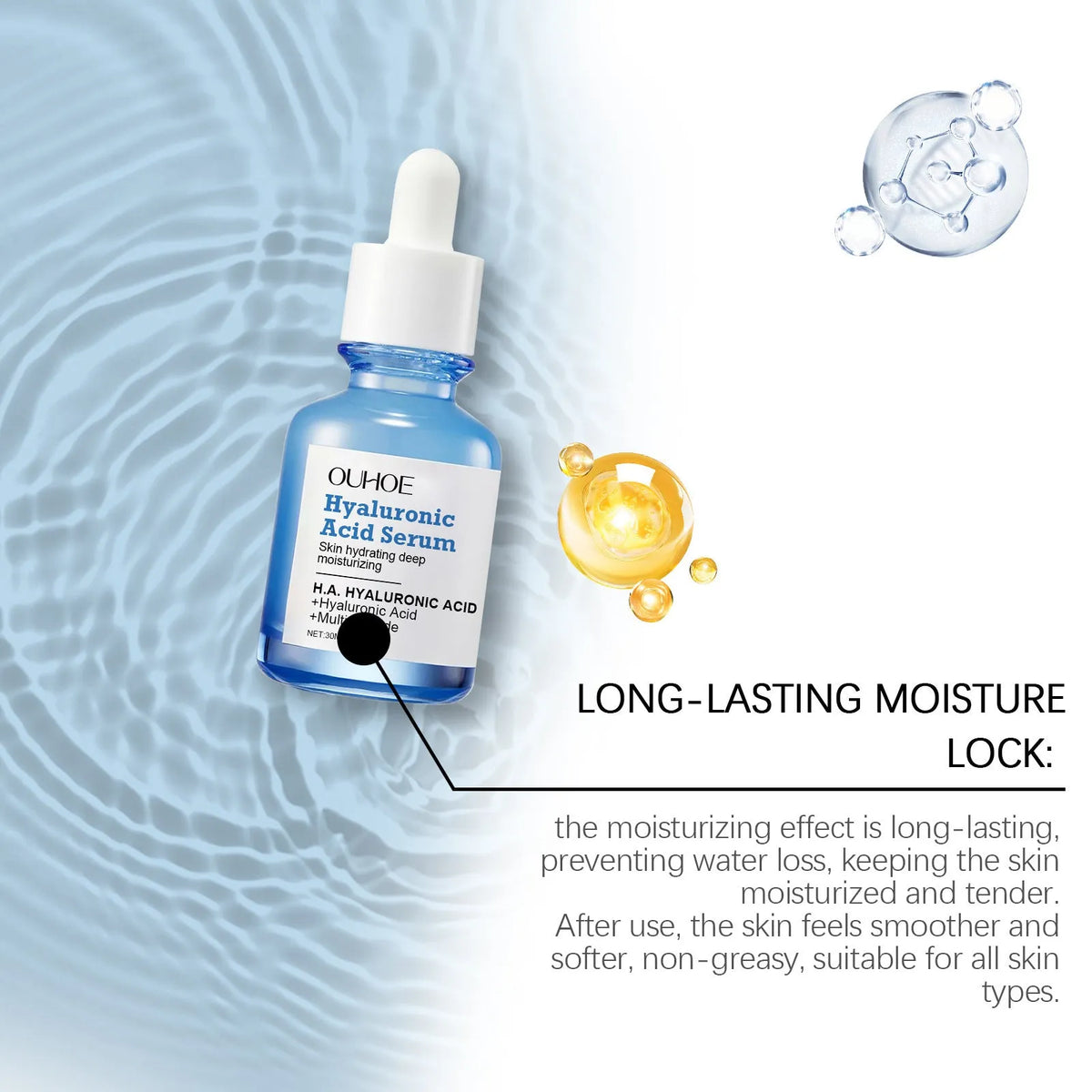 30ml facial moisturising essence in a clear bottle, 3.8 x 3.8 x 8.6 cm, with ingredients list showing glycerol and hyaluronic acid.