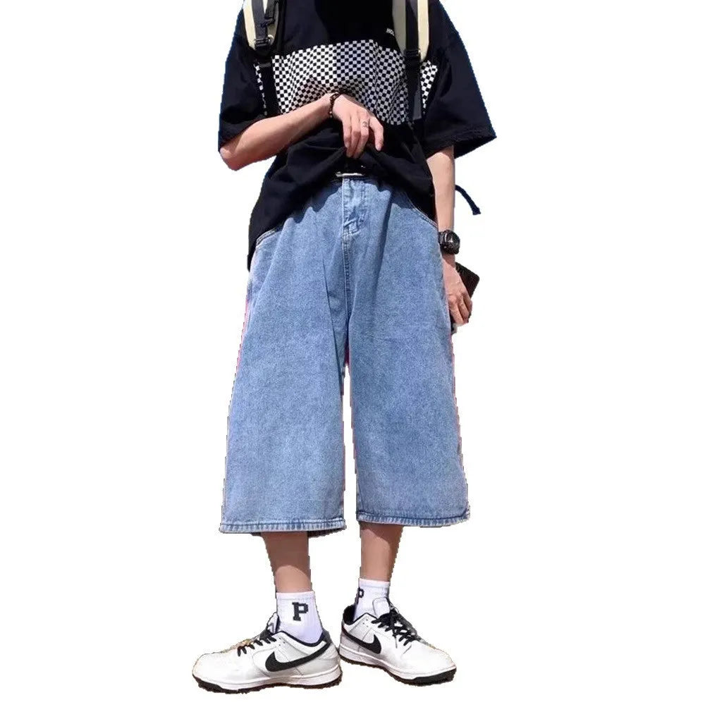 Men's blue washed denim shorts with high waist and cropped straight leg design