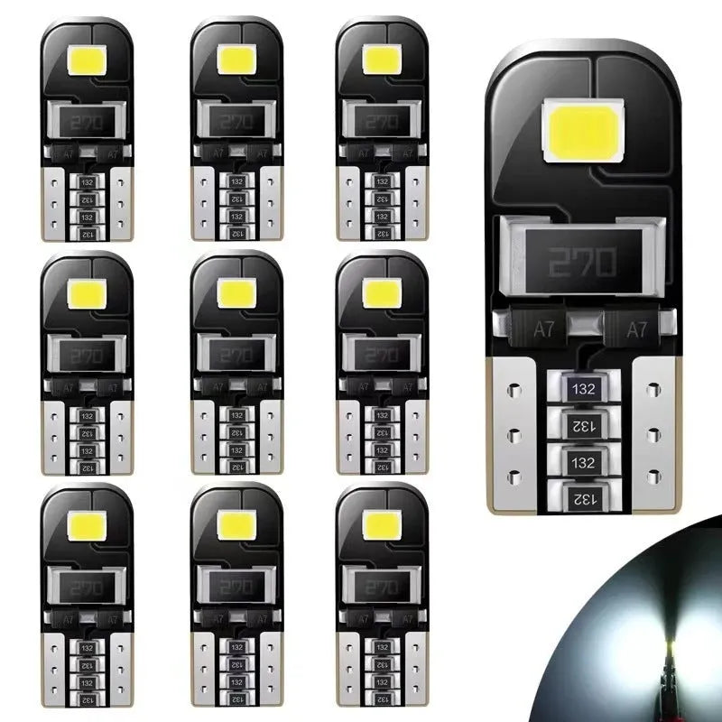 T10 W5W 2W white LED car light bulb with circuit board construction and waterproof rating