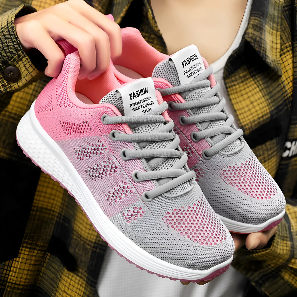 Women's flyknit running shoes with soft sole in black, rose red, or gray pink colours