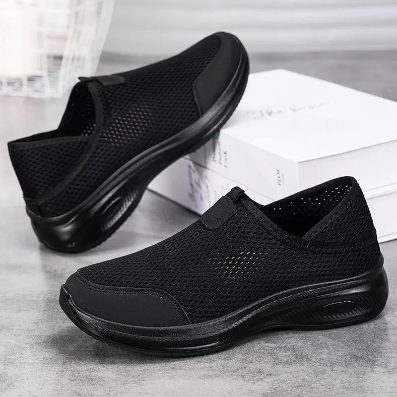 Summer breathable casual shoes with mosquito repellent mesh upper, PU texture, flat heel, low top, in black