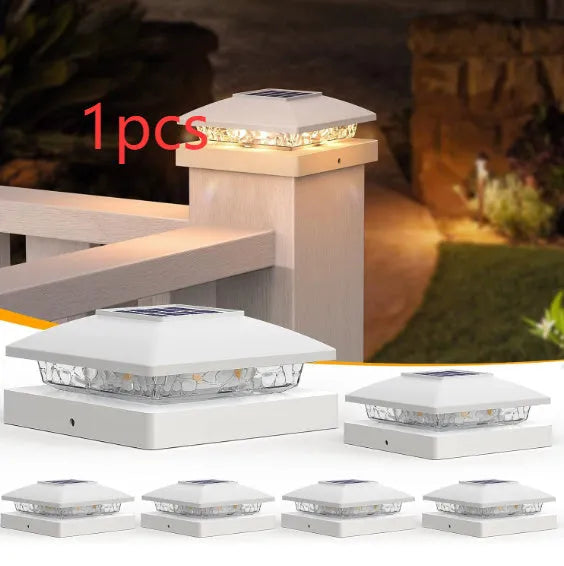 Solar pillar lamp with two-color LED on a wooden villa railing in a garden courtyard