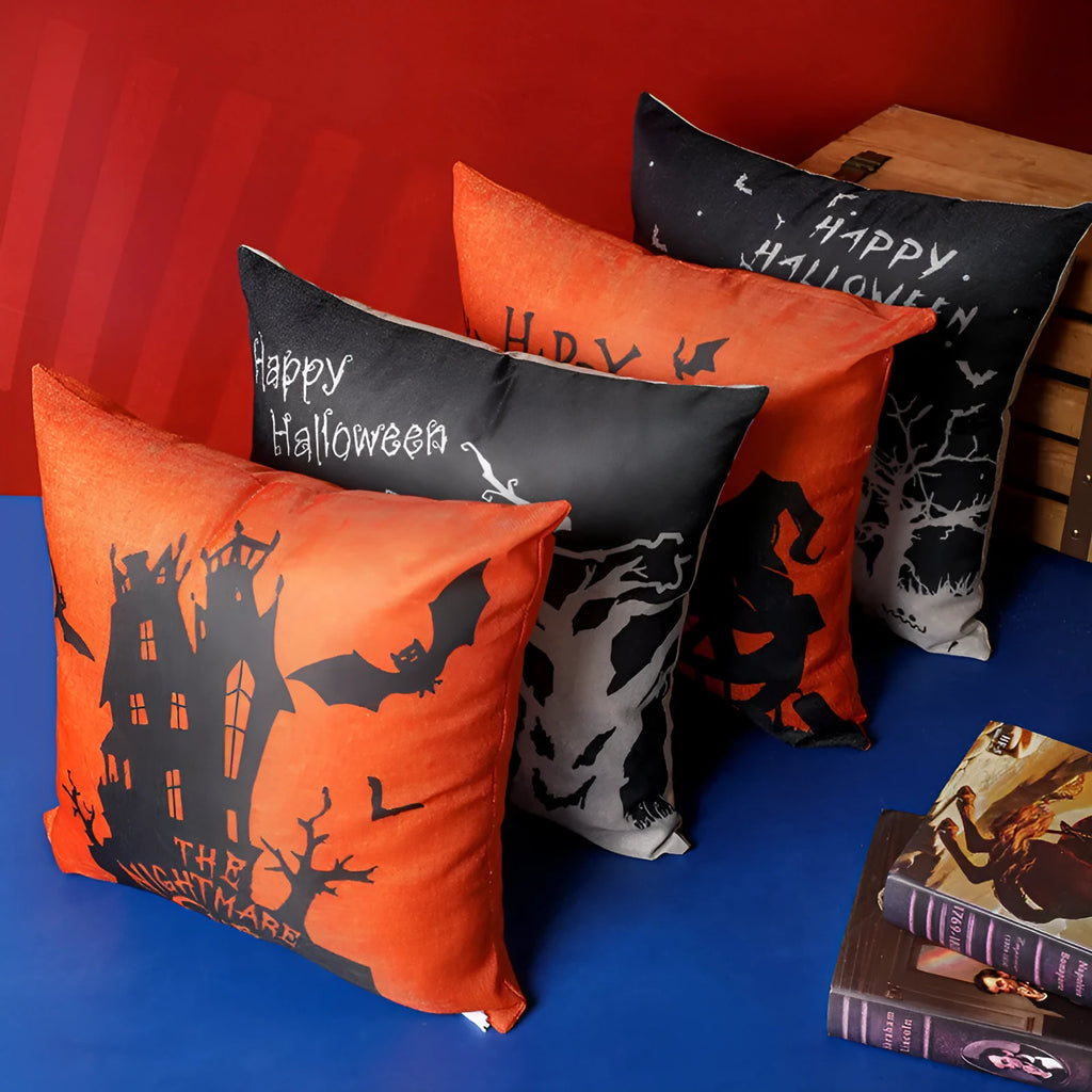 Square Halloween throw pillowcase 43x43cm in four styles: Castle, Ghost, Pumpkin, Witch on a couch