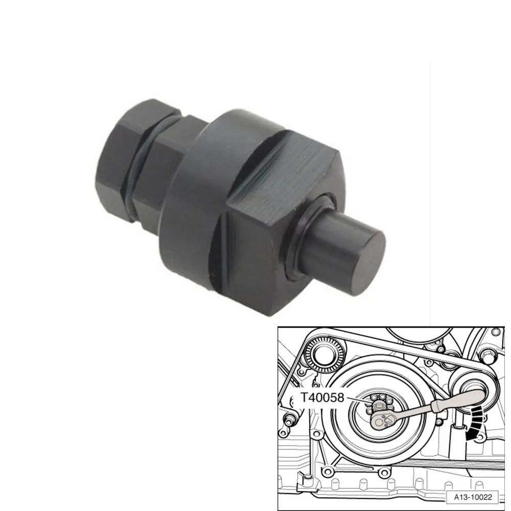 Aodi T40058 crankshaft rotating sleeve and timing tool adapter for engine service.