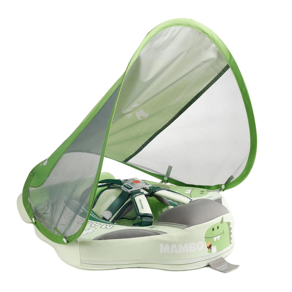 Avocado green dinosaur baby swimming ring with sun shade inflated