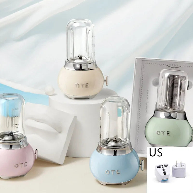 Small portable fruit juicer with metal body, 20000 RPM motor, 400mL capacity, available in green, white, pink, blue