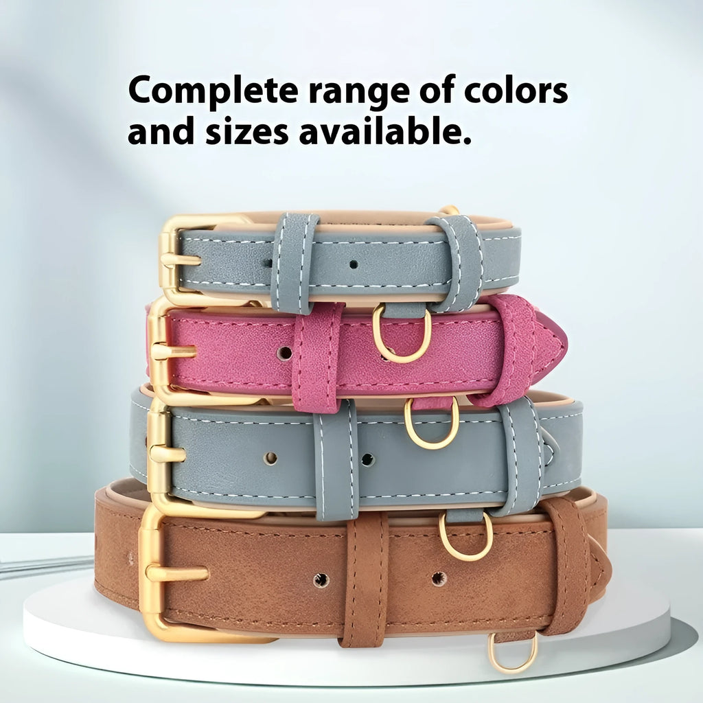 A brown double-layer leather dog collar with a matching lead and stainless steel buckle on a wooden surface.