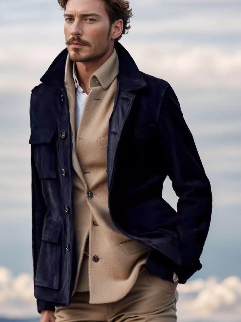 Men's solid colour multi-pocket trench coat in army green, polyester blend, front view