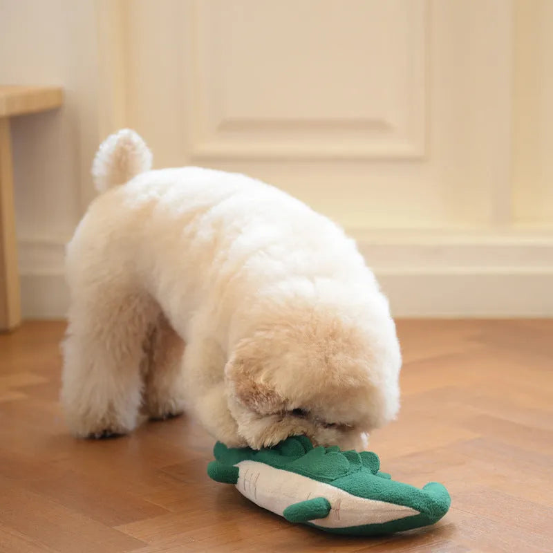 Green soft plush toy dog on a white background, showing its 35cm length.