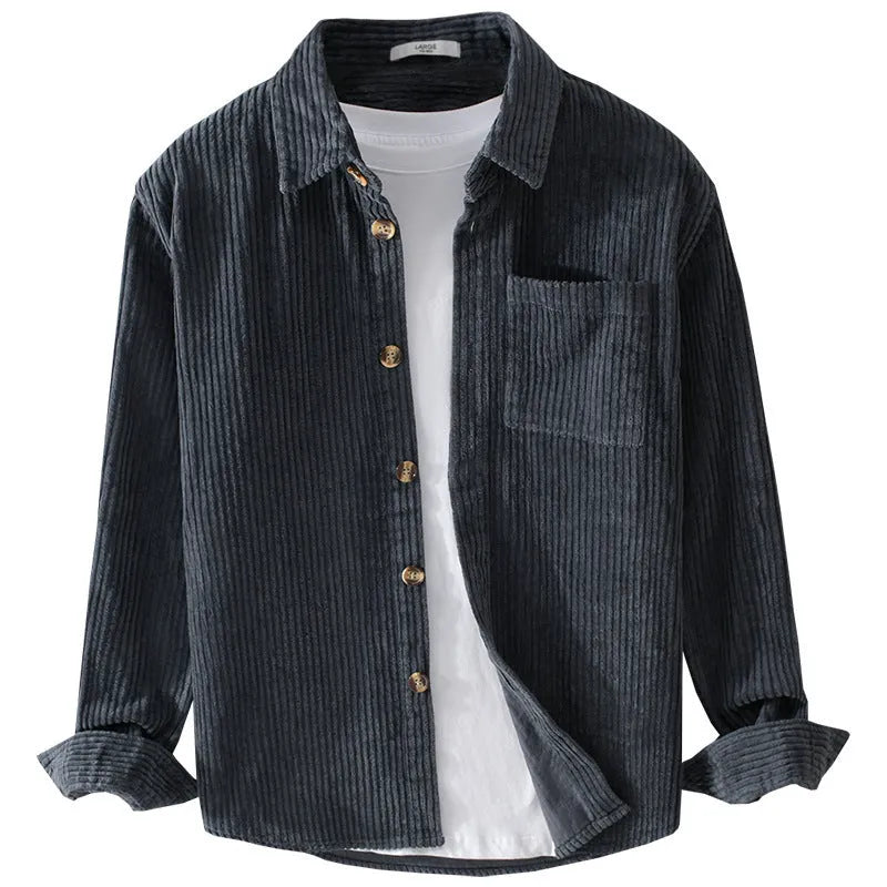 Men's cotton corduroy long sleeve shirt with lapel collar, button front and chest pocket in khaki, green or grey blue