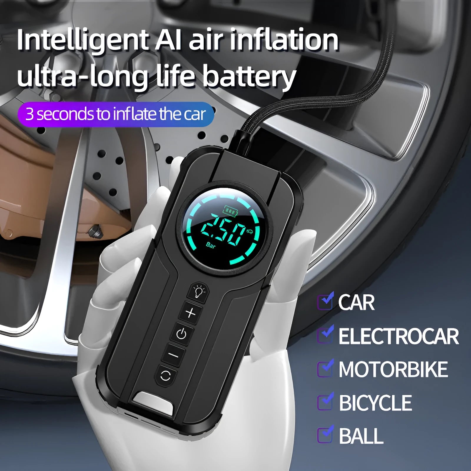 Black portable wireless vehicle air pump with digital display, 13cm hose, and accessories on a grey background