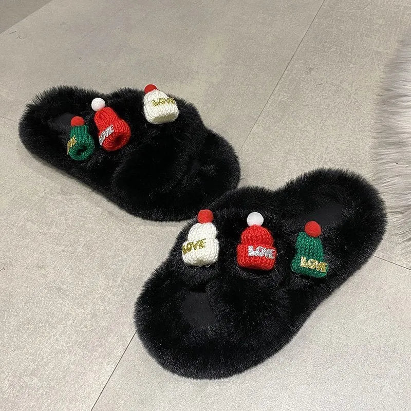 Women's Christmas hat decoration faux plush slippers with cotton lining and a rubber sole.