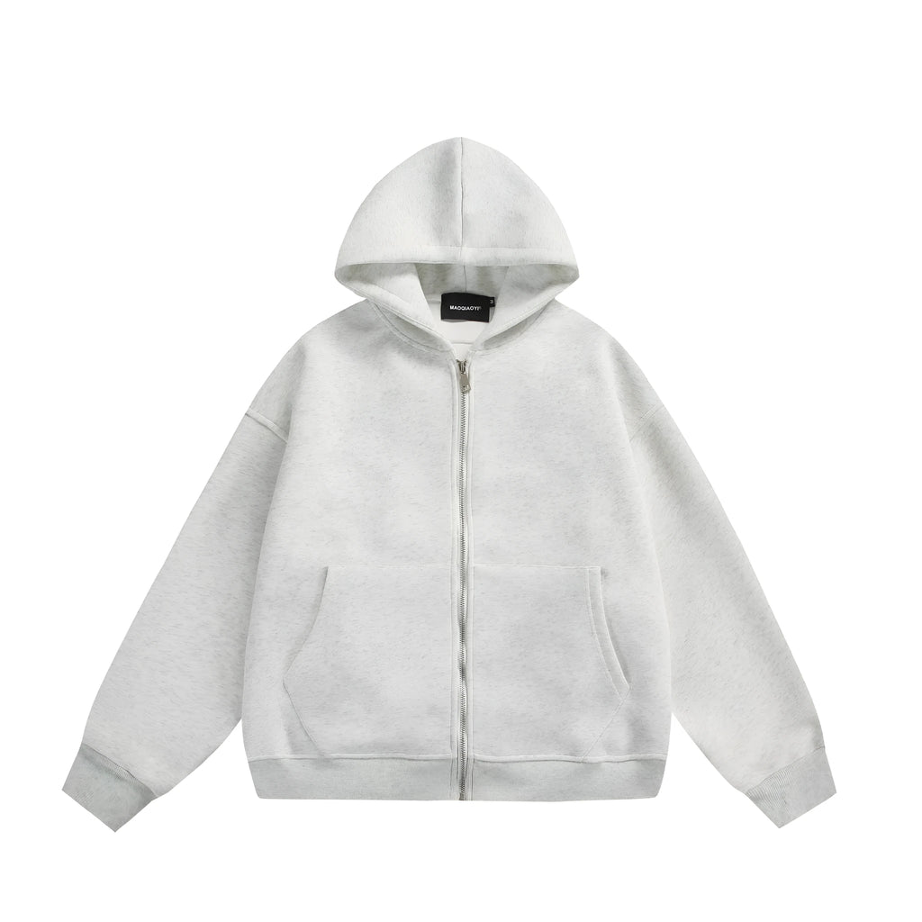 Loose fit cotton blend cardigan coat in black or melange grey with solid colour back and small bag design