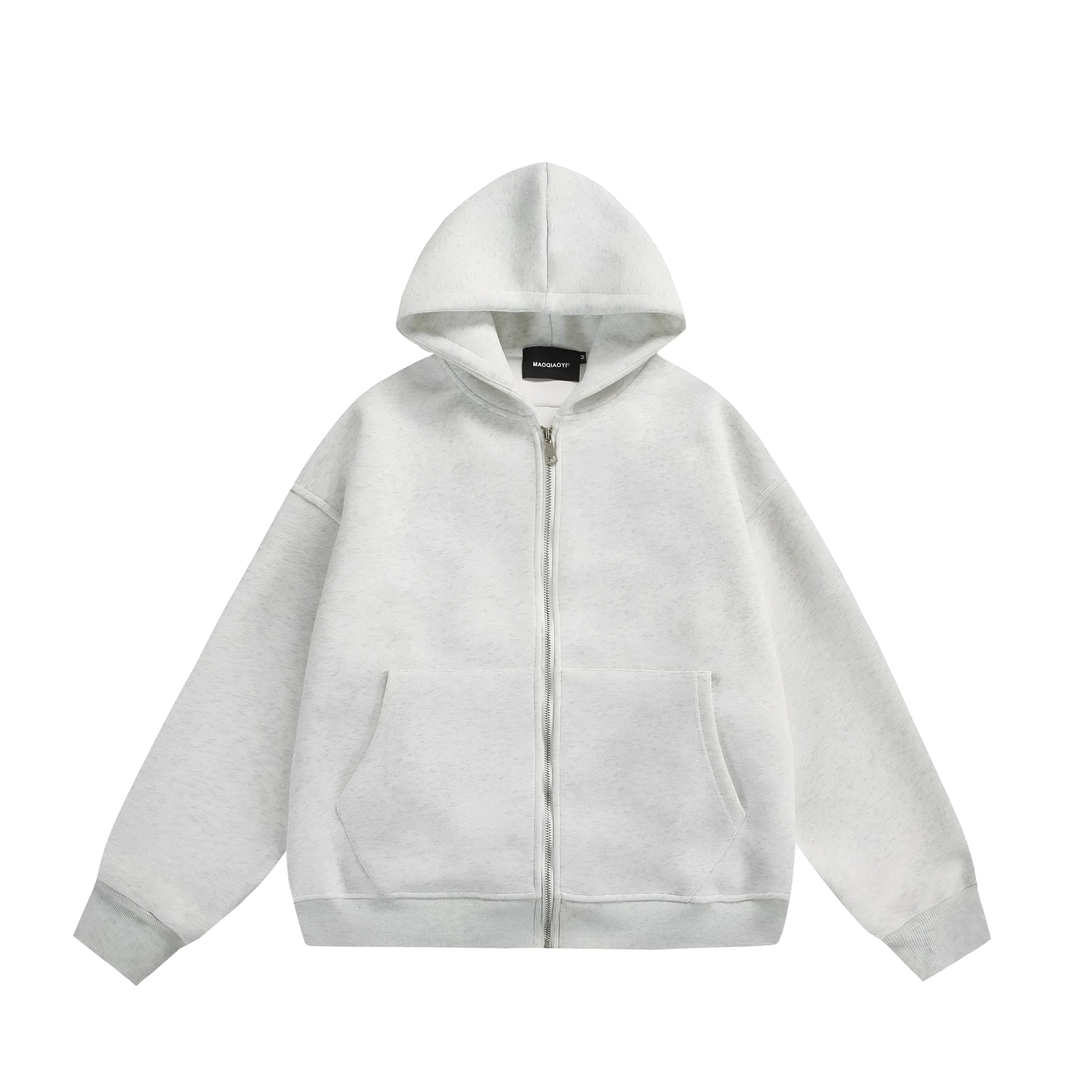 Loose fit cotton blend cardigan coat in black or melange grey with solid colour back and small bag design