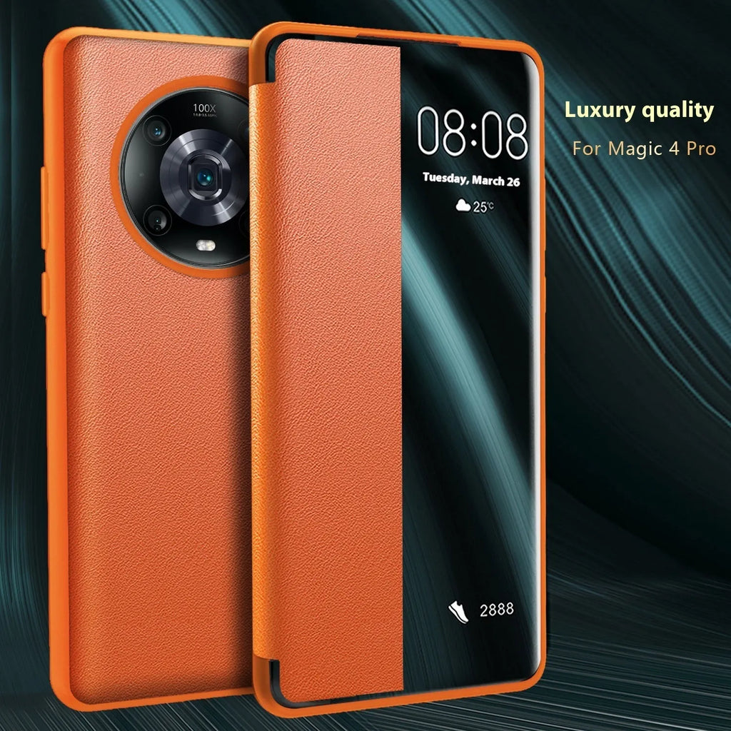 Purple smart sleep window flip phone case for Huawei with imitation leather and soft edging