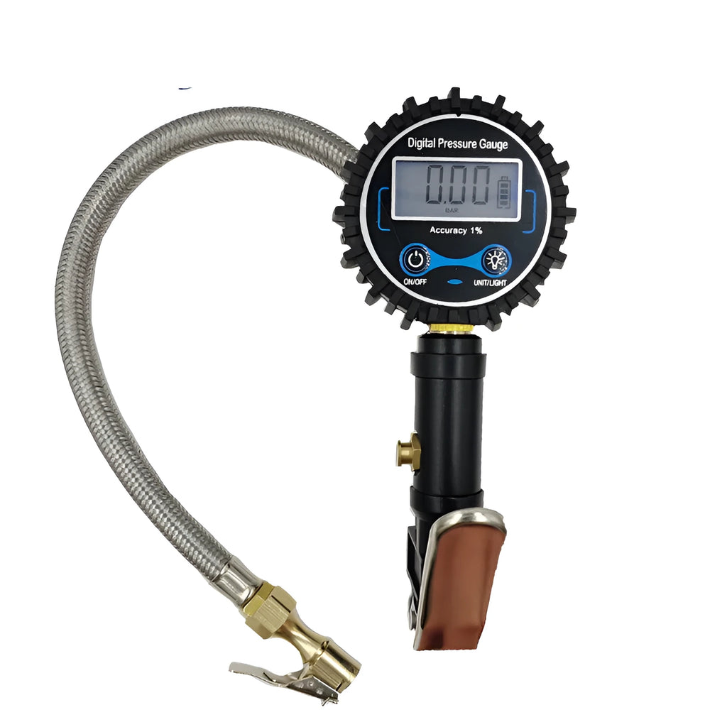 Digital tyre pressure gauge with metal braided hose, backlit display, black and silver colour