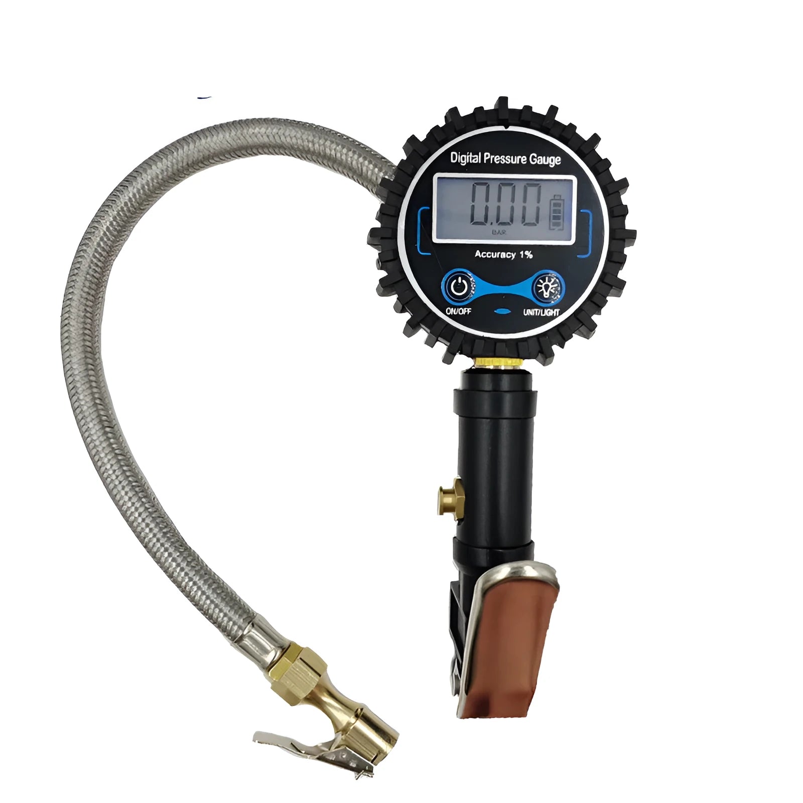 Digital tyre pressure gauge with metal braided hose, backlit display, black and silver colour