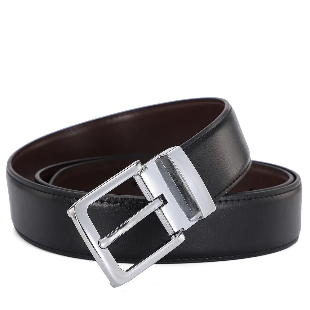 Men's brown leather belt with an alloy pin buckle showing embossed water pattern design.